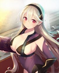 1girls alternate_costume ass blush book breasts cleavage collarbone corrin_(fire_emblem) corrin_(fire_emblem)_(female) cosplay dark_mage_(fire_emblem_fates) female female_only fire_emblem fire_emblem_fates grey_hair hairband highres holding holding_book indoors kashiwamochi_yomogi large_breasts leotard long_hair looking_at_viewer nintendo no_cape nyx_(fire_emblem) nyx_(fire_emblem)_(cosplay) pointy_ears red_eyes see-through sideboob skin_tight smile solo upper_body very_long_hair