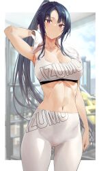 1girls arm_at_side armpits arms_up ass_visible_through_thighs bangs bare_arms belly belly_button big_breasts black_hair blue_sky breasts cleavage cloud clouds collared_shirt cowboy_shot day female female_focus female_only hi_res high_resolution high_waisted_pants highres hiiragi_yuuichi holding holding_towel large_breasts light-skinned_female light_skin linea_alba long_hair looking_at_viewer navel original pants parted_bangs parted_lips ponytail purple_eyes sidelocks skin_tight sky solo solo_female solo_focus sports_bra sportswear stomach sweat sweatdrop sweaty teeth text_print towel towel_around_neck white_pants white_sports_bra white_towel wiping yoga_pants