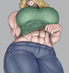 1girls abs alternate_version_available belt_around_neck big_breasts blonde_hair blush blush breasts busty curvy female female_focus female_only hi_res high_resolution highres jeans large_breasts light-skinned_female light_skin muscular muscular_arms muscular_body muscular_female oc original original_character presenting sheepapp shirt_lift simple_background solo solo_female solo_focus sophie_(sheepapp) tagme thick_thighs thighs toned toned_body toned_female underboob voluptuous