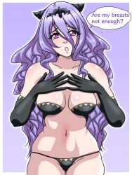 1girls ass_visible_through_thighs black_panties bra breasts camilla_(fire_emblem) elbow_gloves english_text female female_only fire_emblem fire_emblem_fates gloves hair_between_eyes horns inabakun00 long_hair looking_at_viewer medium_breasts nintendo panties pink_eyes purple_hair solo text underwear very_long_hair