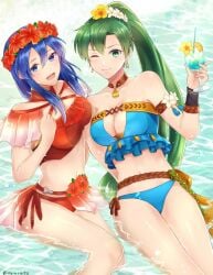 2girls agiat4190 alternate_costume bare_legs bare_shoulders bikini blue_bikini blue_eyes blue_hair blue_swimsuit breasts cleavage cleavage_cutout clothing_cutout cup drink drinking_glass drinking_straw earrings female_only fire_emblem fire_emblem:_the_binding_blade fire_emblem:_the_blazing_blade fire_emblem_heroes flower green_eyes green_hair hair_flower hair_ornament head_wreath holding holding_cup jewelry lilina_(fire_emblem) lilina_(summer)_(fire_emblem) long_hair looking_at_viewer lyn_(fire_emblem) lyn_(summer)_(fire_emblem) matching_hair/eyes midriff mother_and_daughter multiple_girls navel neck necklace nintendo official_alternate_costume one_eye_closed ponytail red_bikini red_flower rope_belt smile source_request strapless strapless_bikini swimsuit taiga_kazame very_long_hair wink yellow_flower