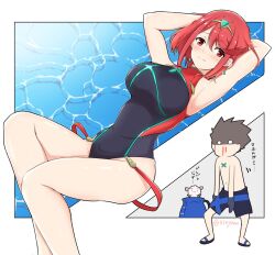 1boy 1girls armpits arms_behind_head arms_up blood blush breasts brown_hair chibi competition_swimsuit earrings female jewelry large_breasts looking_at_viewer lying mochimochi_(xseynao) nintendo nosebleed on_back one-piece_swimsuuit pyra red_eyes red_hair rex_(xenoblade) short_hair simple_background smile solo swimsuit tiara water white_background xenoblade_chronicles_(series) xenoblade_chronicles_2