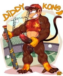 absurd_res anthro baseball_bat bat_(object) biped bodily_fluids boner clothing crop_top desfrog diddy_kong donkey_kong_(series) erection fingerless_gloves genital_fluids genitals gloves half_naked handwear haplorhine hat headgear headwear hi_res looking_at_viewer male male_only mammal monkey nintendo penis precum primate shirt solo stadium topwear video_games