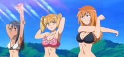 3girls 774_(nanashi) armpits beach big_breasts bikini black_hair blonde_hair breasts brown_eyes female_focus female_only gamo-chan hayase_nagatoro hi_res long_hair medium_hair navel orange_eyes orange_hair please_don't_bully_me,_nagatoro screencap simple_background small_breasts stitched stretching swimsuit tan tan_body tan_skin tanline tanned third-party_edit watermark yoshi_(nagatoro)