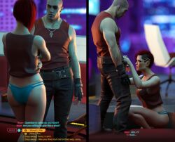 1boy 1girls 3d apartment ass caspianrover cd_projekt_red cyberpunk_2077 dialogue panties questionable_consent river_ward short_hair v_(cyberpunk_2077) valerie_(cyberpunk_2077)