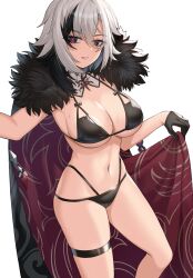 1girls absurd_res arlecchino_(genshin_impact) bangs bikini black_bikini black_gloves black_hair breasts coat detached_collar female female_only fur-trimmed_coat fur_trim genshin_impact gloves highres large_breasts looking_at_viewer multicolored_hair nanni_jjang navel parted_lips short_hair solo swimsuit thighs white_hair x-shaped_pupils