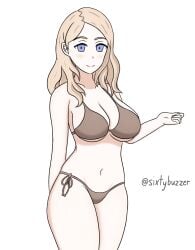 1girls alternate_costume alternate_hairstyle bare_thighs bikini blonde_hair blue_eyes breasts brown_bikini brown_swimsuit cleavage female female_only fire_emblem fire_emblem:_three_houses fire_emblem_warriors:_three_hopes large_breasts looking_at_viewer medium_hair mercedes_von_martritz nintendo official_alternate_hairstyle sixtybuzzer smile solo swimsuit thighs underboob