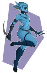 1boy anthro ass ass assassin bandage big_ass big_butt blue_body blue_fur blue_hair claws curvy curvy_figure dagger digitigrade ear_piercing fantasy femboy feminine_male fur girly hooves knife large_ass male medieval mune_(the_guardian_of_the_moon) piercing solo thick_thighs thief weapon wide_hips wraps