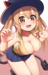 beige_shirt blonde_hair blue_skirt blush cleavage fangs female fully_clothed girls'_frontline m870_(girls_frontline) orange_hair pelican_(s030) thick_thighs twintails witch_hat