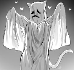 bedsheet_ghost big_breasts black_and_white cat_ears cat_tail catgirl club3 female_focus female_only ghost_costume halloween nipples_visible_through_clothing single_female solo standing