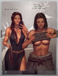 2girls big_breasts breasts brown_hair child_bearing_hips clothed clothed_female cosplay costume covered_nipples dark-skinned_female dark_skin dialogue dress elden_ring female female_focus female_only fromsoftware fur halloween_costume heterochromia iris_(krysdecker) krysdecker large_breasts maya_(krysdecker) medium_breasts mirror mirror_selfie multiple_girls navel nepheli_loux phone queen_marika_the_eternal struggling struggling_to_fit text tight_clothing underboob wide_hips