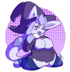 absurd_res anthro blue_body blush breasts clothed clothing eeveelution female generation_4_pokemon genitals glaceon hat headgear headwear hi_res legwear nintendo nulloffset pokemon pokemon_(species) pokemorph pussy solo tongue tongue_out video_games witch_hat