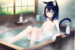 ai_generated bath bathing black_hair blue_eyes cat_ears cat_tail catgirl fran_(tensei_shitara_ken_deshita) nai_diffusion nipples nude small_breasts soap soap_bubbles solo solo_female solo_focus stable_diffusion steam tensei_shitara_ken_deshita