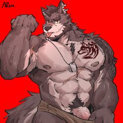 abs absurd_res anthro armpit_hair arun_six augar_(augarrwoof) beard biceps body_hair bottomwear brown_body brown_fur brown_hair canid canine canis chest_hair clothed clothing dark_nose ear_piercing facial_hair fangs flexing fur genitals hair hairy_arms hi_res jewelry looking_at_viewer male mammal markings multicolored_body multicolored_fur muscular muscular_anthro muscular_male necklace nipples pecs penis piercing pubes red_background red_eyes scar serratus simple_background solo tattoo tongue tongue_out underwear undressing vein wolf