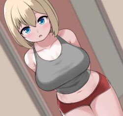 1girls big_breasts blonde_hair blue_eyes blush busty fully_clothed leaning_forward open_mouth original pelican_(s030) short_shorts singlet solo_female