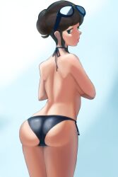 . 1girls back back_view beauty_(pokemon) beauty_(pokemon_xy) behind_view breasts brown_eyes brown_hair defined_muscles female female_only fit fit_female from_behind human human_only kurorekishiman light-skinned_female light_skin lips looking_at_viewer medium_breasts nintendo no_bra npc_trainer panties pokemon pokemon_xy pose posing removing_bikini removing_bra removing_underwear seductive seductive_smile sunglasses sunglasses_on_head