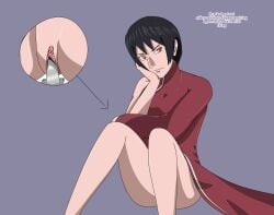 alternate_eye_color bare_legs black_hair boruto:_naruto_next_generations china_dress chinese_clothes clitoral_hood clitoris clitoris_peek close-up dildo dildo_sitting dress embarrassed endured_face fireboi kurotsuchi long_dress looking_at_viewer mature mature_female naruto naruto_(series) no_panties plain_background purple_background red_dress red_eyes sex_toy sex_toy_in_pussy sex_toy_insertion short_hair simple_background single_sleeve sitting sitting_on_dildo talking talking_to_viewer text tsuchikage vaginal_insertion vaginal_object_insertion wavy_mouth