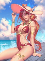 beach blood_elf cleavage elf female_only hat large_breasts long_hair nise_loftsteinn ocean orange_hair pointy_ears smile solo swimsuit world_of_warcraft yellow_eyes