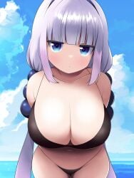 1girls aged_up beach big_breasts bikini blue_eyes breasts eye_contact female female_only horns huge_breasts kanna_kamui long_hair looking_at_viewer miss_kobayashi's_dragon_maid norio_(pheromosa_times) solo standing