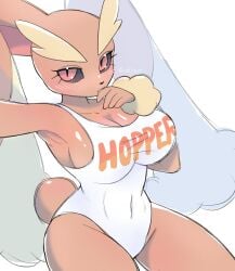 1girls 2022 akibun anthro anthro_only big_breasts blush breasts brown_body clothed clothing female female_only fur generation_4_pokemon hooters hooters_uniform lagomorph leotard lopunny mammal nintendo pokemon pokemon_(species) selfie solo thick_thighs uniform video_games white_clothing