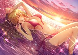 1girls alternate_costume arms_up beach bikini blonde_hair breasts cleavage clouds female female_only fire_emblem fire_emblem:_genealogy_of_the_holy_war floating glint lachesis_(fire_emblem) large_breasts laying_on_back lips long_hair looking_at_viewer lying navel nintendo ocean outdoors partially_submerged pink_swimsuit protected_link red_bikini red_swimsuit sand seductive_pose sidelocks sky smile solo sunset swimsuit thighs tori_ko unhooked_bra watermark yellow_eyes