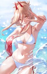 1girls beach bikini blonde_hair breasts chainsaw_man demon demon_girl female female_only guchico_(guchico77) light-skinned_female light_skin mappa navel peace_sign power_(chainsaw_man) sharp_teeth shounen_jump smile solo water wet