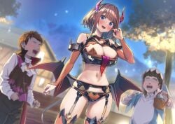 1girls 2022 2boys baffu big_breasts brown_hair bulging_breasts halloween_costume hitoyo_(baffu) looking_at_viewer original short_hair