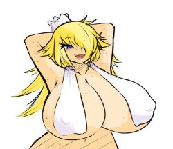 bad_censor blonde_hair blue_eyes covering drawncraft hair_over_one_eye huge_breasts large_breasts mario_(series) princess_peach towel_around_neck