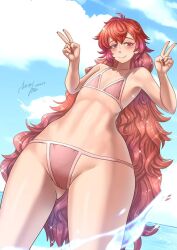 ambiguous_gender bikini blush blush_lines bra clouds dated hertro humanoid land_of_the_lustrous light_skin long_hair ocean padparadscha_(land_of_the_lustrous) panties peace_sign pink_bikini pink_bra pink_panties red_eyes red_hair red_nails shiny_hair signature sky smile true_flat_chest very_long_hair