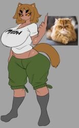 annoyed annoyed_expression anthro anthrofied big_breasts brown_hair brown_tail catgirl feline green_pants mrjaysin orange_eyes tail thick_thighs