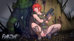 1boy 1girls armor armored_boots bullet dvoika fallout female firearm green_skin gun handgun human imminent_sex male mutant pale_skin red_hair spiked_bat super_mutant title_screen veiny_penis visible_penis visible_pussy weapon