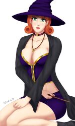 1girls big_breasts female female_only ginger ginger_hair green_eyes kneeling light-skinned_female light_skin looking_at_viewer orange_hair penny_(stardew_valley) solo stardew_valley sundrie76 thighs transparent_background witch_hat