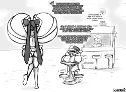 beach big_ass big_butt bikini breast_expansion breasts_bigger_than_head breasts_bigger_than_torso callie_(splatoon) cleavage dialogue english_text gigantic_breasts glubtastic huge_breasts marie_(splatoon) monochrome nintendo sketch splatoon splatoon_(series) squid_sisters text