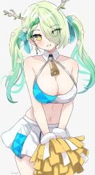 alternate_hairstyle bangs bikini bikini_top blue_archive blush breasts ceres_fauna cheerleader cleavage cosplay crossover female female_only green_hair hibiki_(blue_archive)_(cosplay) hibiki_(cheerleader)_(blue_archive)_(cosplay) hololive hololive_english hololive_english_-council- hololive_english_-promise- magui3 midriff millennium_cheerleader_outfit_(blue_archive) miniskirt pom_poms skirt solo solo_female twintails virtual_youtuber yellow_eyes