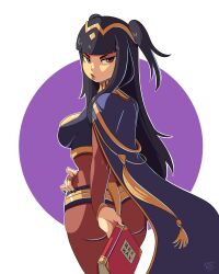 1girls absurdres ass black_hair bodystocking book bra breasts bridal_gauntlets cape female female_only fire_emblem fire_emblem_awakening highres holding holding_book jewelry lipstick looking_back makeup nail_polish nintendo panties ravenousruss sideboob signature simple_background solo standing tharja_(fire_emblem) tiara turtleneck underwear