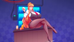 1girls 2022 bartender breasts color female female_only glasses high_heels huge_breasts legs_crossed long_hair looking_at_viewer mini_giantess n647 nipple_bulge pantyhose persona persona_5 red_hair sakura_futaba solo straining_buttons thick_thighs tie