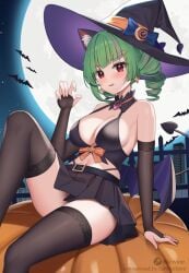 1girls animal_ears black_socks cleavage deluta female female_only green_hair halloween halloween_costume ichwine indie_virtual_youtuber light-skinned_female light_skin socks solo solo_female thigh_socks thighhighs thighs virtual_youtuber witch_hat