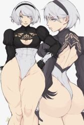 1girls absurd_res ass back_view blue_eyes bodysuit_under_clothes breasts eyes_covered eyewear gloves hand_on_hip hi_res huge_ass leotard multiple_views muscular muscular_arms muscular_back muscular_female nier:_automata thick_thighs thighhighs white_hair yoracrab yorha_2b