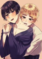 2boys arthur_kirkland axis_powers_hetalia bite bite_mark black_hair blonde_hair comic_cover england_(hetalia) honda_kiku interracial japan_(hetalia) kimono male male_only tied_up wrist_bound