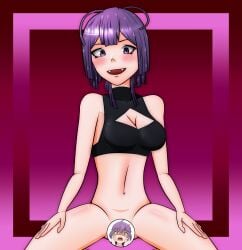 1girls alternate_costume ass_visible_through_thighs bangs bernadetta_von_varley bottomless breasts call_of_the_night censored cirno_vevo cleavage cleavage_cutout cosplay female female_only fire_emblem fire_emblem:_three_houses halloween halloween_costume looking_at_viewer medium_breasts nanakusa_nazuna_(yofukashi_no_uta)_(cosplay) nintendo post-timeskip purple_eyes purple_hair short_hair sitting smile solo yofukashi_no_uta