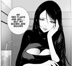 1girls akira_hiramoto arm_support big_breasts black_hair breasts cleavage cleavage_cutout edit english_text female female_focus female_only head_on_arm head_tilt huge_breasts large_breasts light-skinned_female light_skin lips long_hair manga_page meme mole mole_under_mouth no_bra official_art only_female raw_hero solo solo_female solo_focus