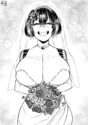 1girls big_breasts choker cleavage cute flower flowers freckles_on_breasts happy huge_breasts irezumi large_breasts original original_character ryona_(tomboy_sama) short_hair smile tattoo tattooed_arm tattoos tears tears_of_joy tomboy tomboy_sama wedding_dress wholesome