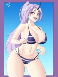 1girls alternate_version_available big_breasts bikini bikini_bottom bikini_top breasts cameltoe cleavage female female_only horn huge_breasts katopan nail_polish nails open_mouth ponytail purple_bikini purple_eyes purple_hair purple_nail_polish purple_nails shion_(tensei_shitara_slime_datta_ken) solo solo_female swimsuit swimwear tensei_shitara_slime_datta_ken thick_thighs thighs