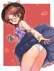 blush brown_eyes brown_hair cougar1404 cute glasses panties phone skirt tagme