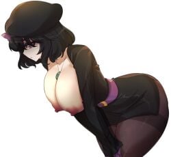 1girls ander beret black_clothing black_hair breasts breasts_out cleavage enderman enderwoman female female_focus female_only merryweather minecraft nipples purple_eyes tagme