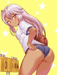 1girls amber_eyes basketball bending_forward breasts buruma chloe_von_einzbern cougar1404 fate/kaleid_liner_prisma_illya fate_(series) gym_uniform small_breasts smug solo standing tagme tan_skin tight_clothing white_hair