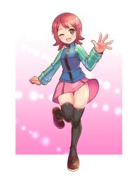 1girls brown_hair cougar1404 cute female_only mary_janes mayl_sakurai mega_man mega_man_battle_network sakurai_meiru short_hair skirt smile tagme thighhighs waving wink