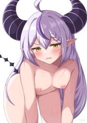absurdres ahoge blush commentary_request female grey_hair hashira_14 highres hololive hololive_japan holox huge_horns la+_darknesss long_hair looking_at_viewer multicolored_hair nipples nude pointy_ears purple_hair simple_background solo streaked_hair striped_horns v-shaped_eyebrows virtual_youtuber white_background yellow_eyes