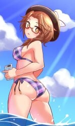 amber_eyes ass_cleavage bikini blush brown_hair butt_crack cougar1404 glasses phone tagme thick_ass water