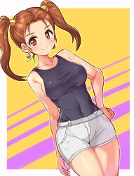 blush brown_eyes brown_hair clothing cougar1404 dragon_quest dragon_quest_viii earrings jessica_albert large_breasts shorts tagme thighs tight_clothes twintails